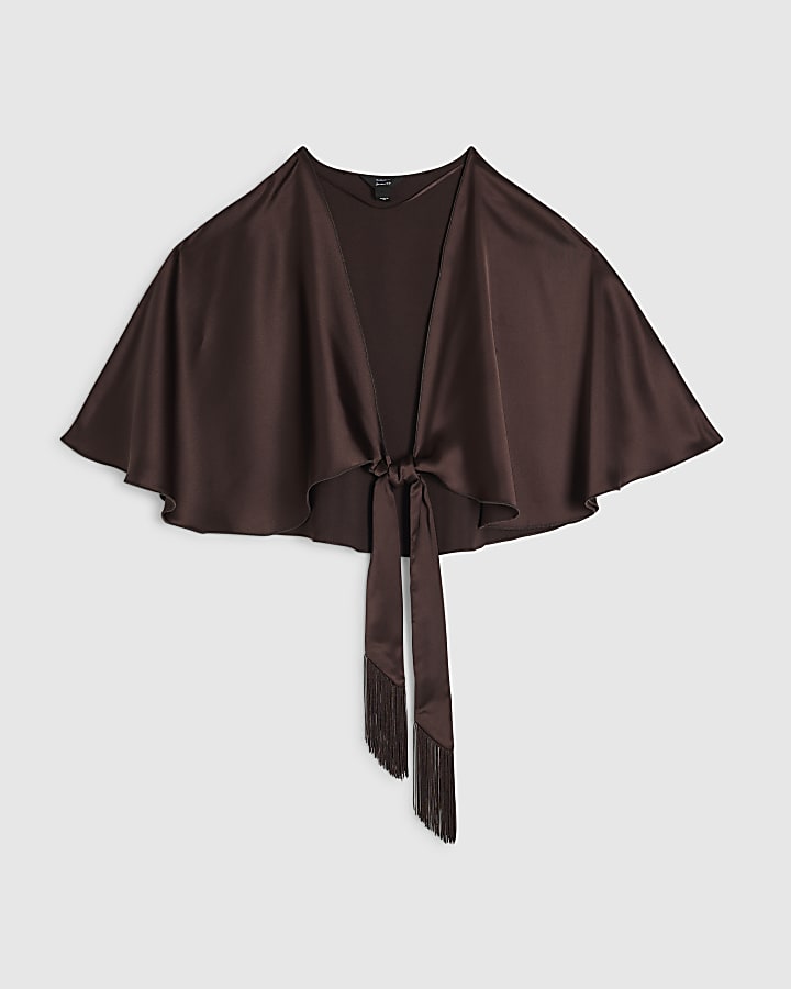 Brown Tie Front Satin Fringe Cape