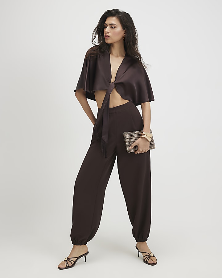Brown Tie Front Satin Fringe Cape