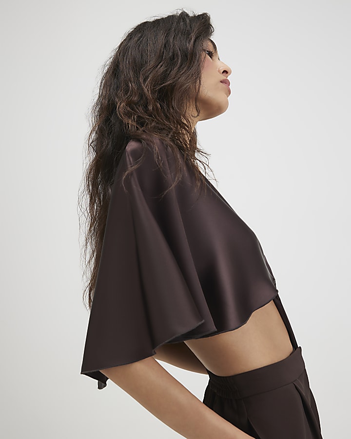 Brown Tie Front Satin Fringe Cape