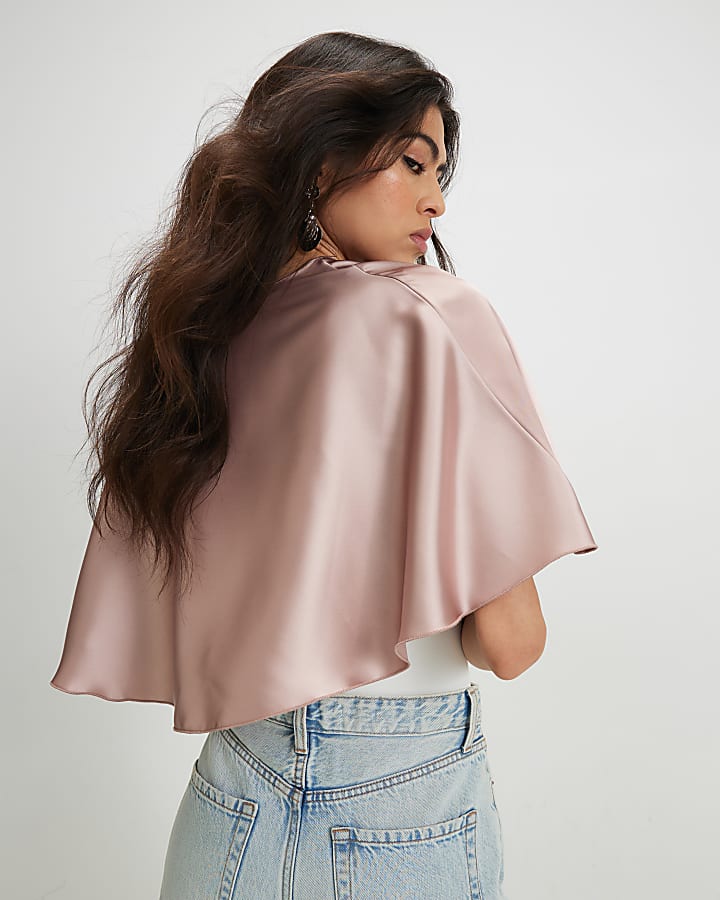 Pink Tie Front Satin Fringe Cape