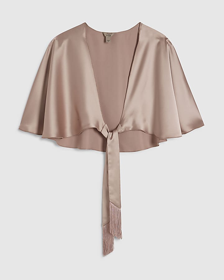 Pink Tie Front Satin Fringe Cape