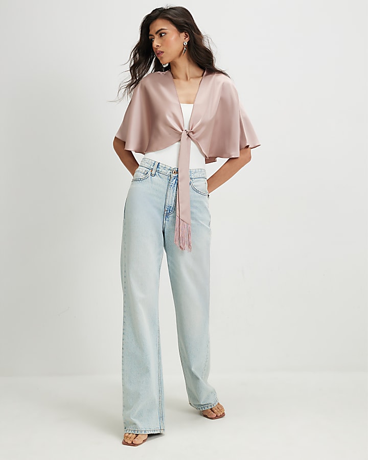 Pink Tie Front Satin Fringe Cape