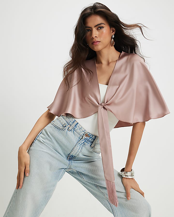 Pink Tie Front Satin Fringe Cape