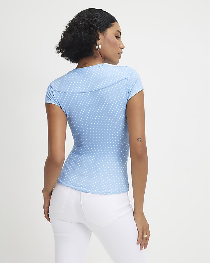 Blue Short Sleeve Polka Dot Top