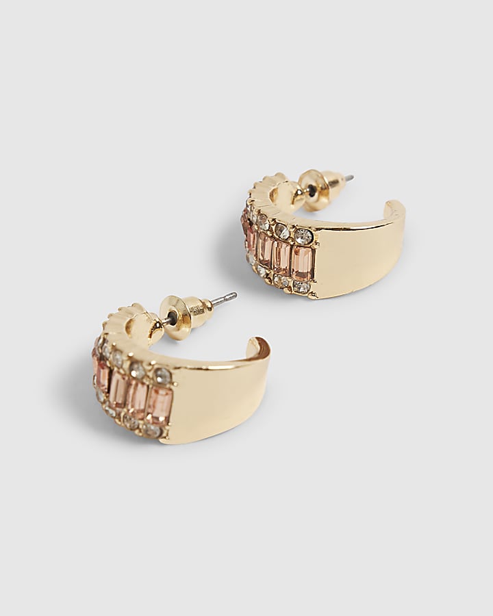 Gold Baguette Stone Hoop Earrings