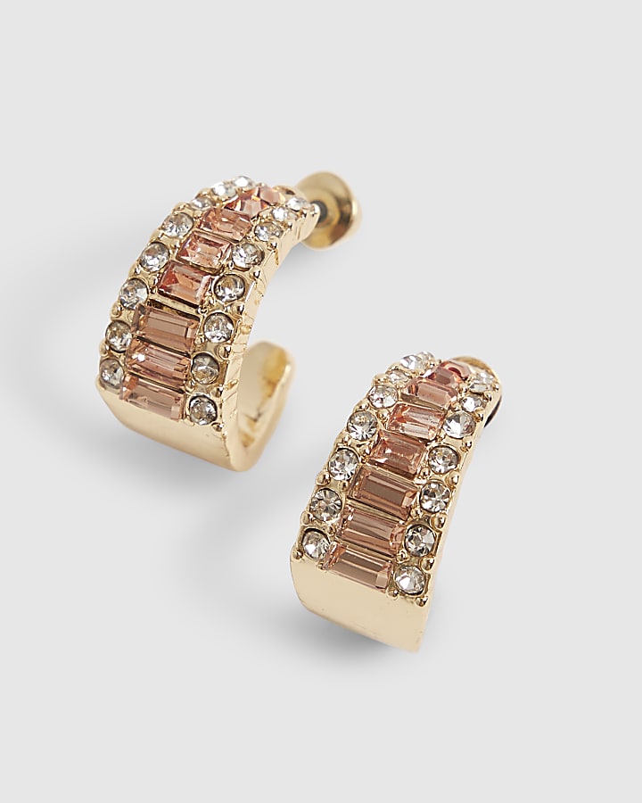 Gold Baguette Stone Hoop Earrings