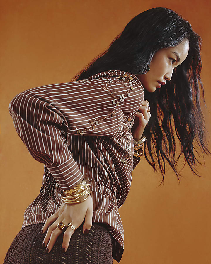 Brown Stripe Embellished Belted Shirt