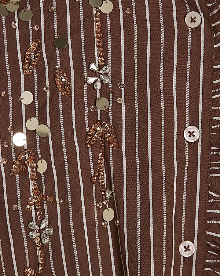 Brown Stripe Embellished Belted Shirt