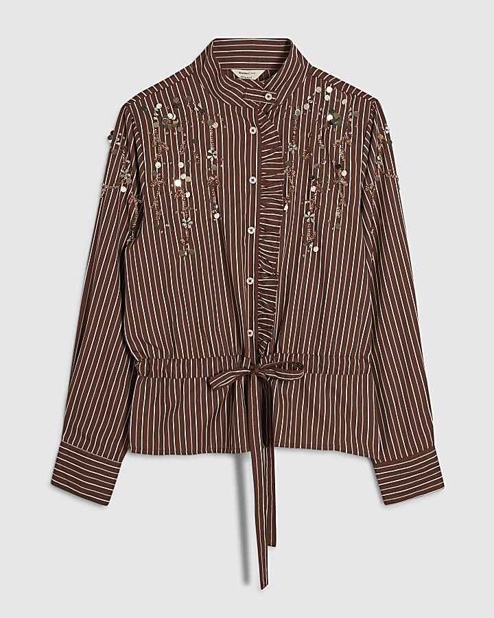 Brown Stripe Embellished Belted Shirt