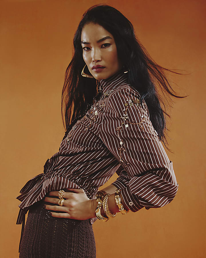 Brown Stripe Embellished Belted Shirt