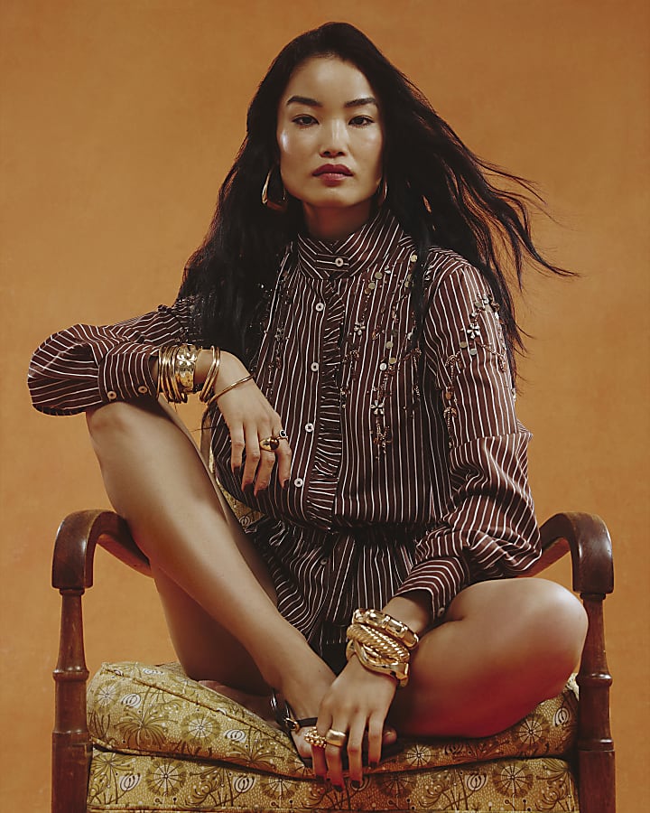 Brown Stripe Embellished Belted Shirt