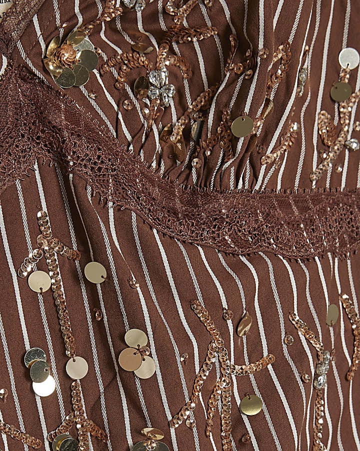 Brown Stripe Embellished Mini Dress