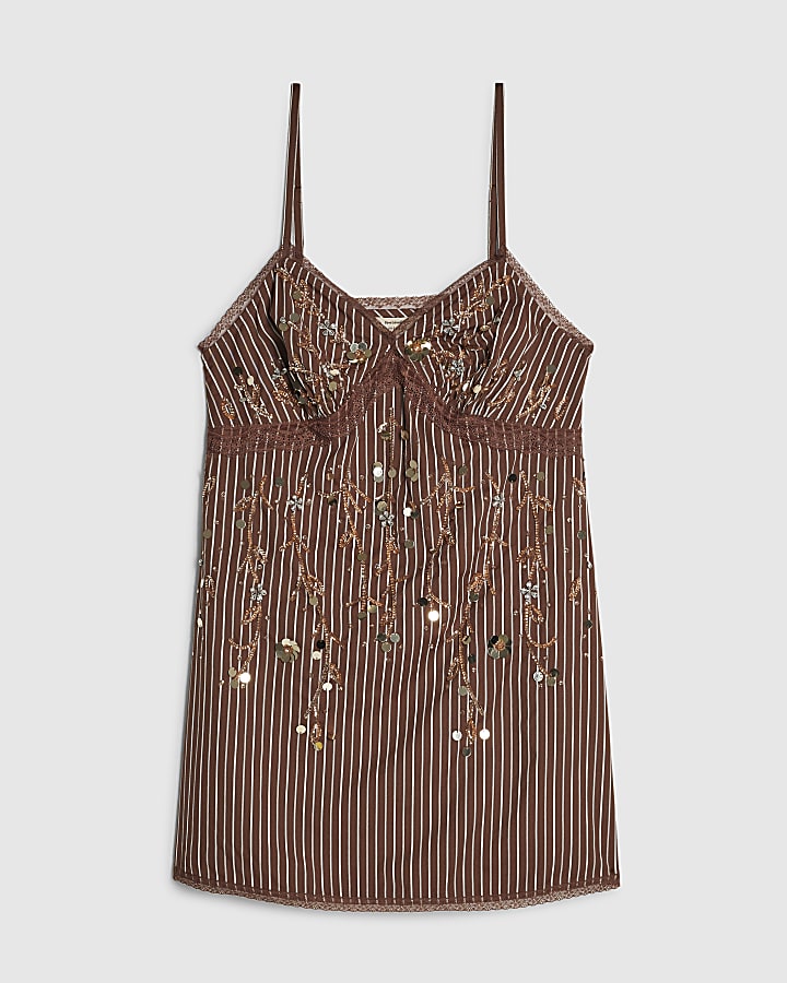 Brown Stripe Embellished Mini Dress