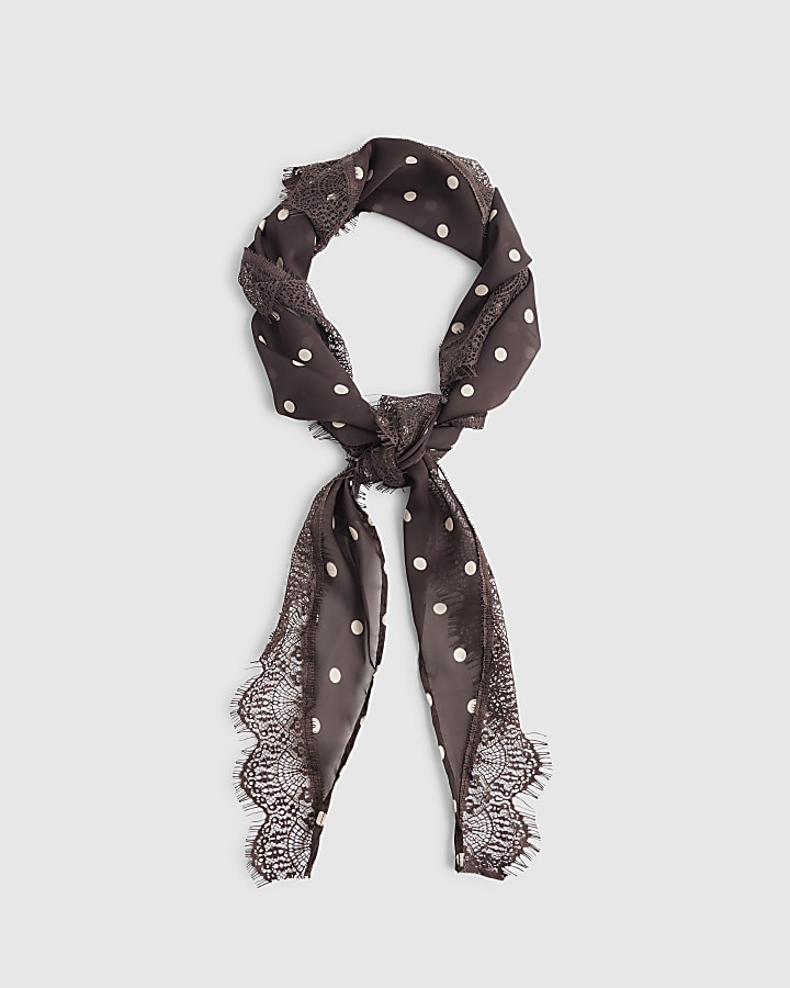 Brown Polka Dot Lace Trim Scarf