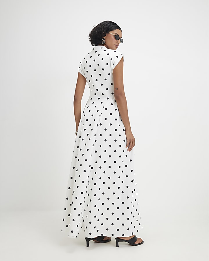 White Short Sleeve Polka Dot Maxi Dress