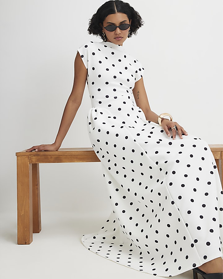 White Short Sleeve Polka Dot Maxi Dress