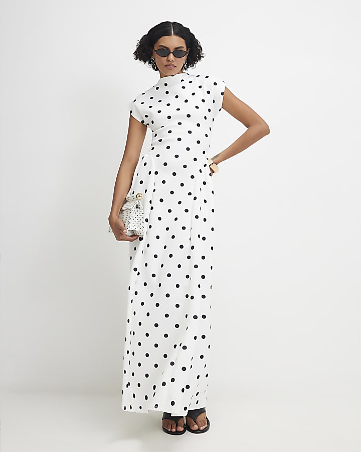 White Short Sleeve Polka Dot Maxi Dress