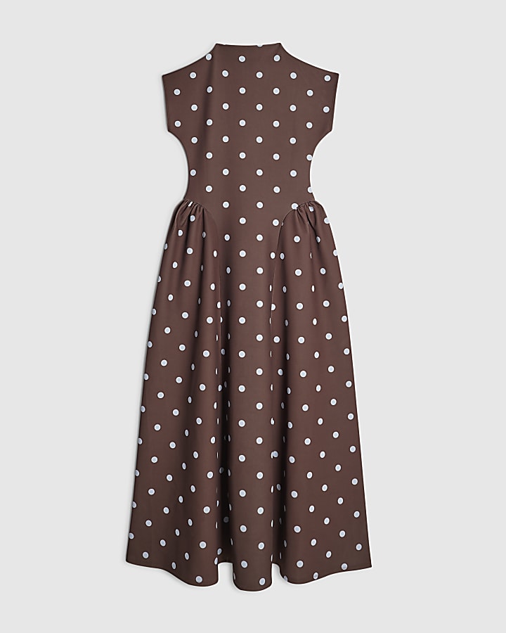 Brown Short Sleeve Spotted Godet Maxi Dress