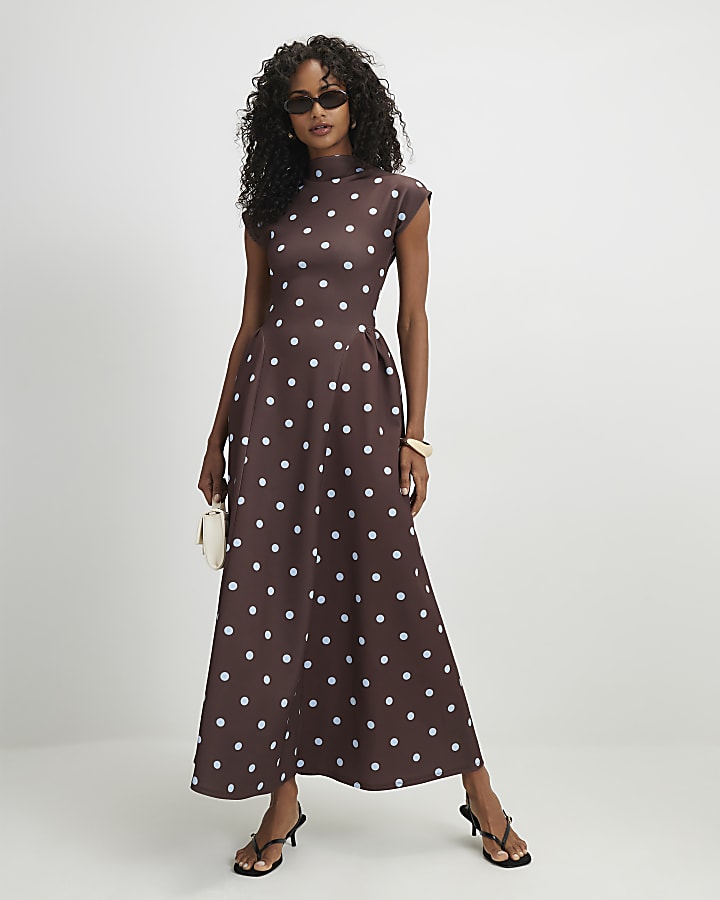 Brown Short Sleeve Spotted Godet Maxi Dress