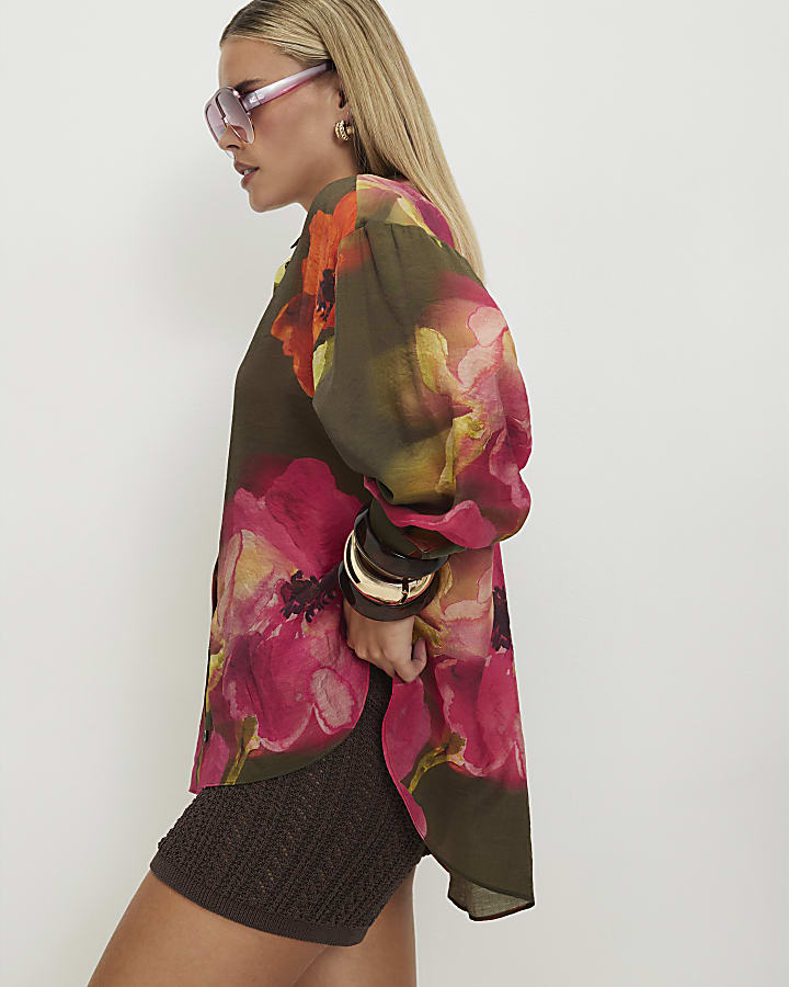 Petite Khaki Floral Blouse