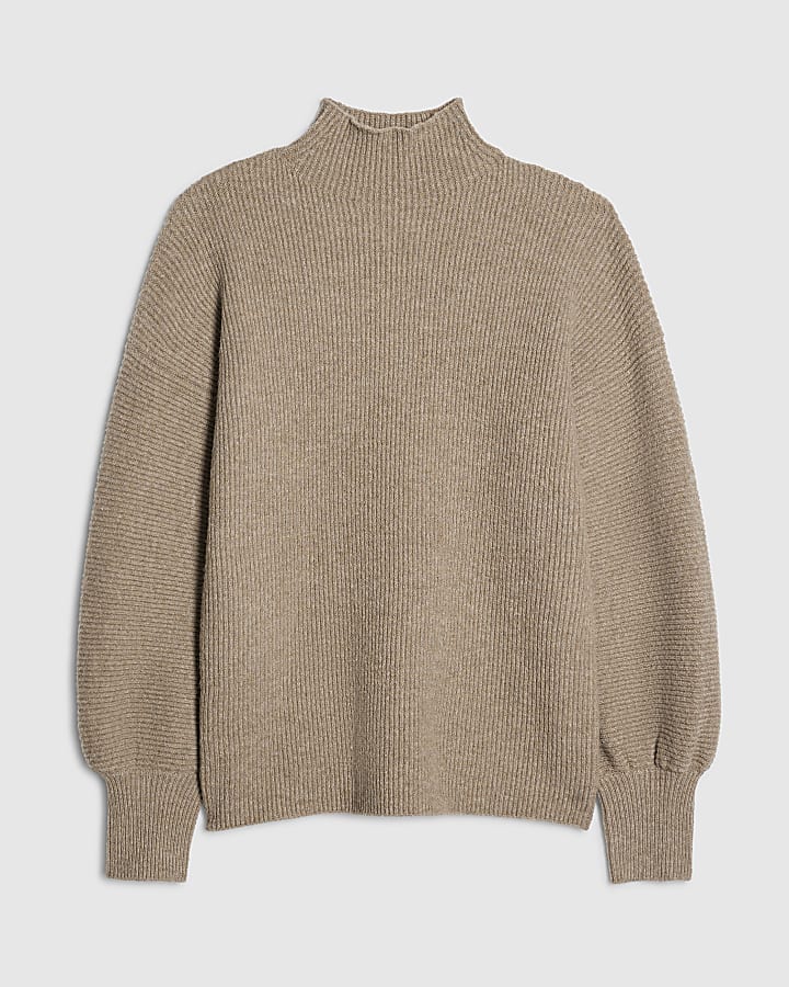Beige Funnel Neck Oversized Jumper