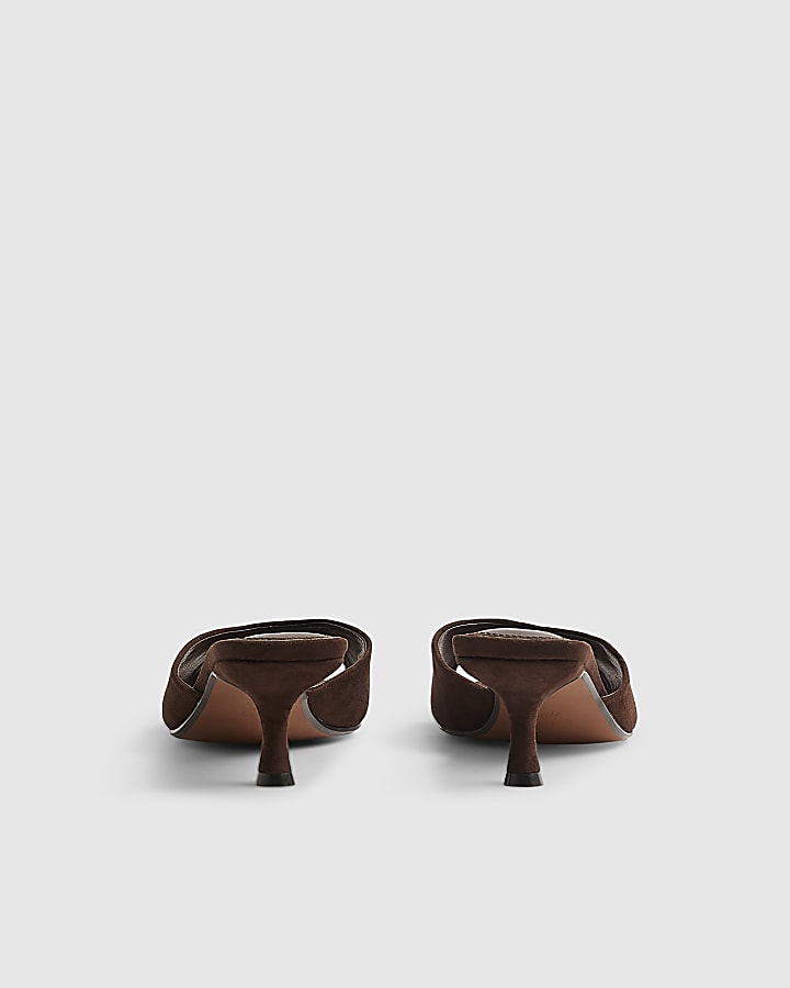 Brown Kitten Heeled Mule Sandals
