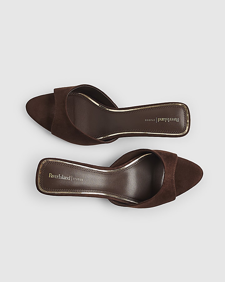 Brown Kitten Heeled Mule Sandals