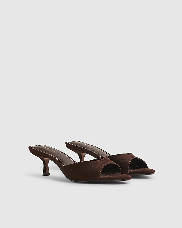 Brown Kitten Heeled Mule Sandals
