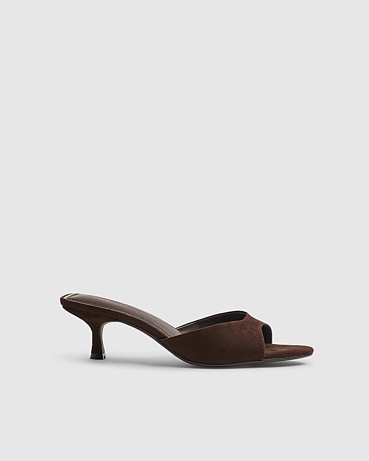 Brown Kitten Heeled Mule Sandals