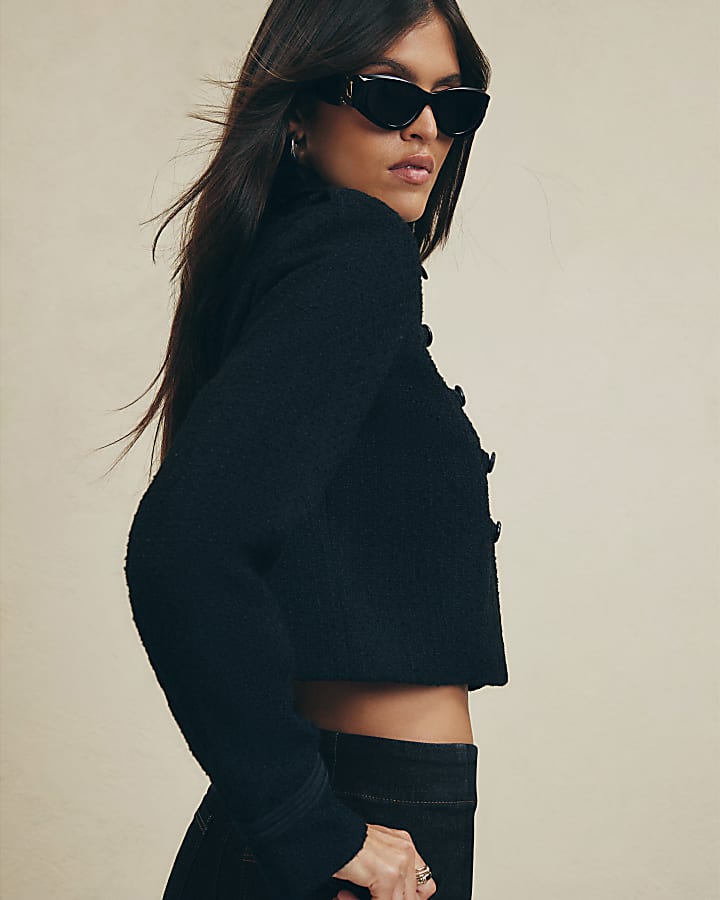 Black Boucle Faux Leather Military Jacket
