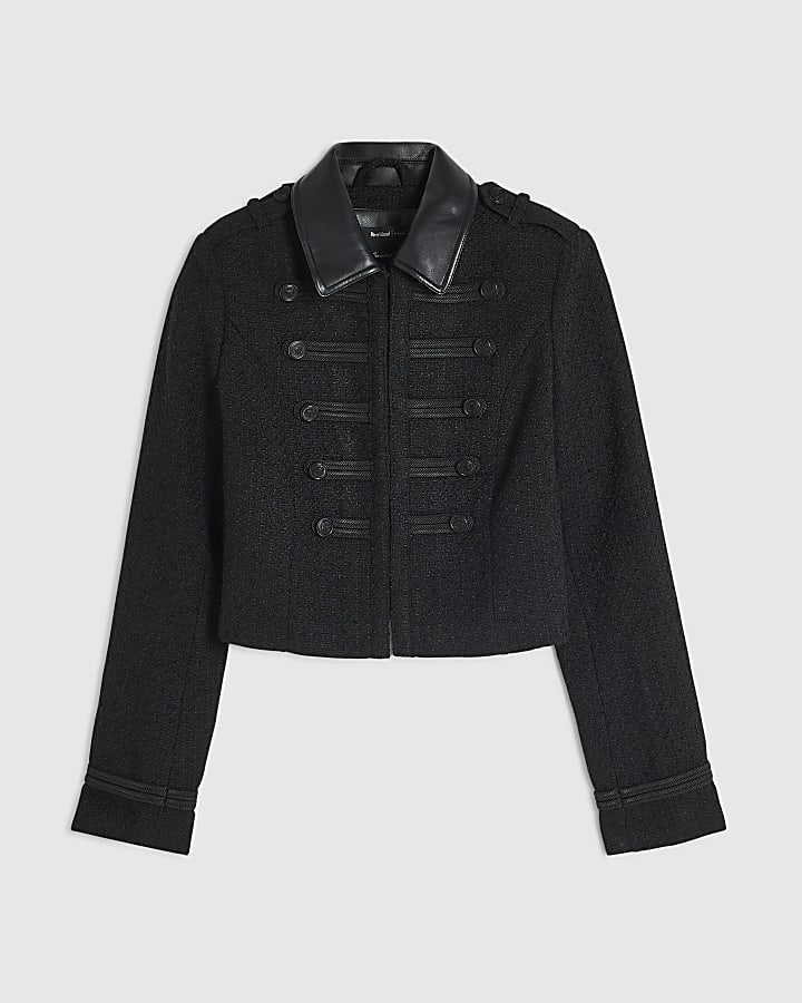 Black Boucle Faux Leather Military Jacket