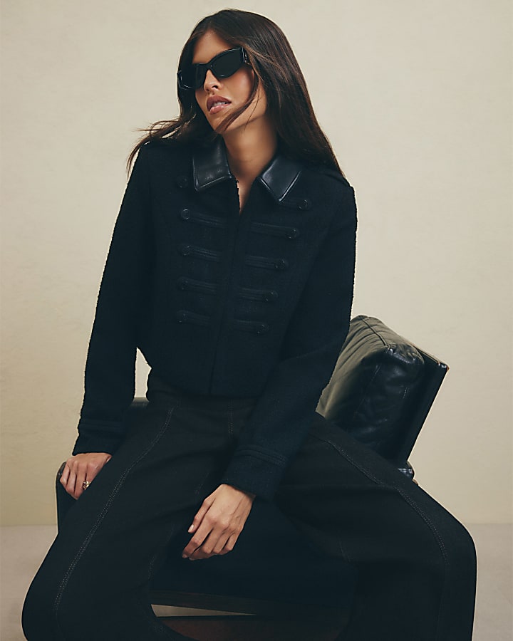 Black Boucle Faux Leather Military Jacket