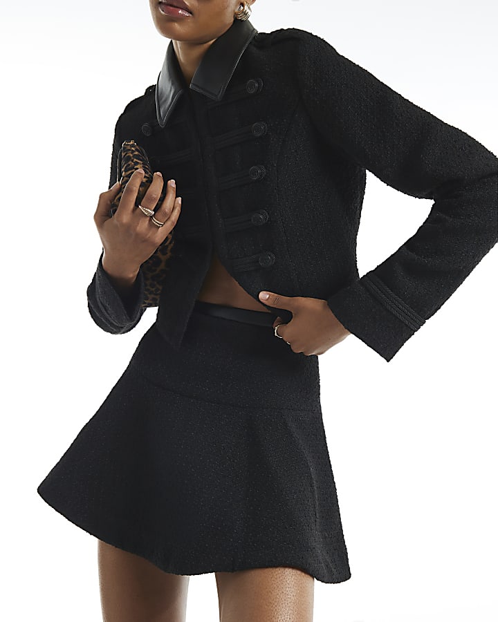 Black Boucle A Line Mini Skirt