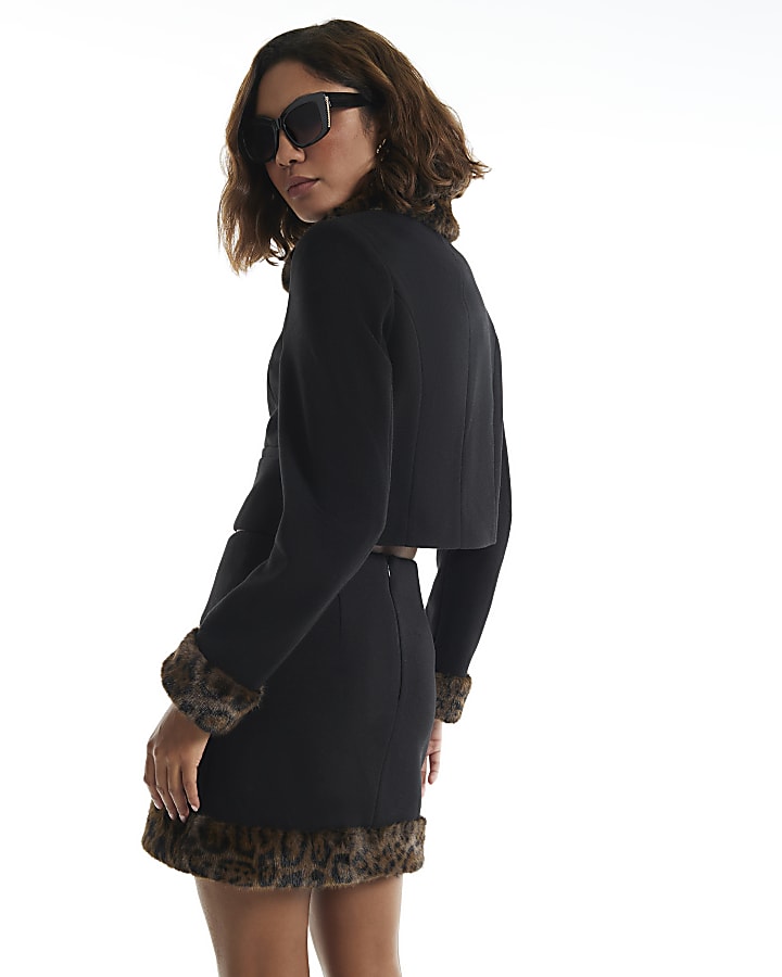 Black Leopard Print Faux Fur Hem Mini Skirt