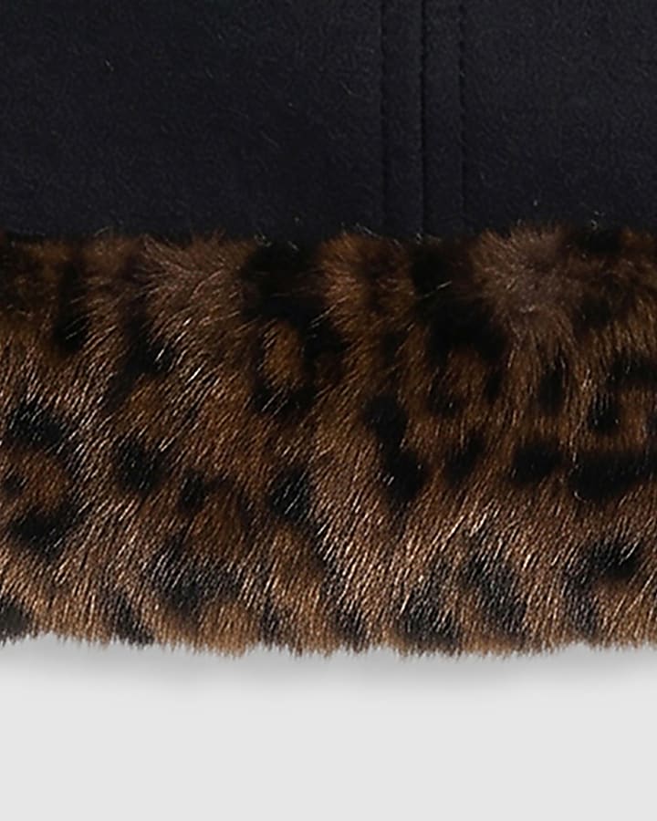 Black Leopard Print Faux Fur Hem Mini Skirt