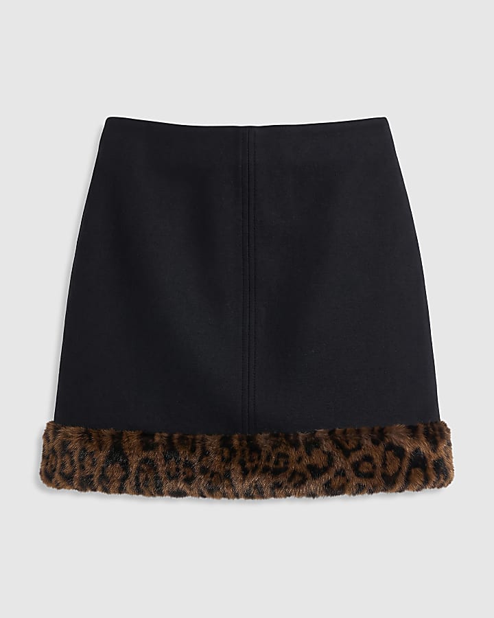 Black Leopard Print Faux Fur Hem Mini Skirt