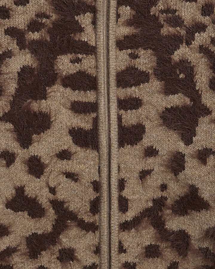Beige Leopard Print Zip Through Cardigan