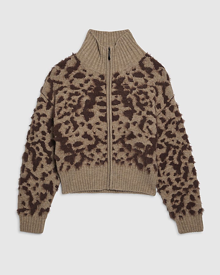 Beige Leopard Print Zip Through Cardigan