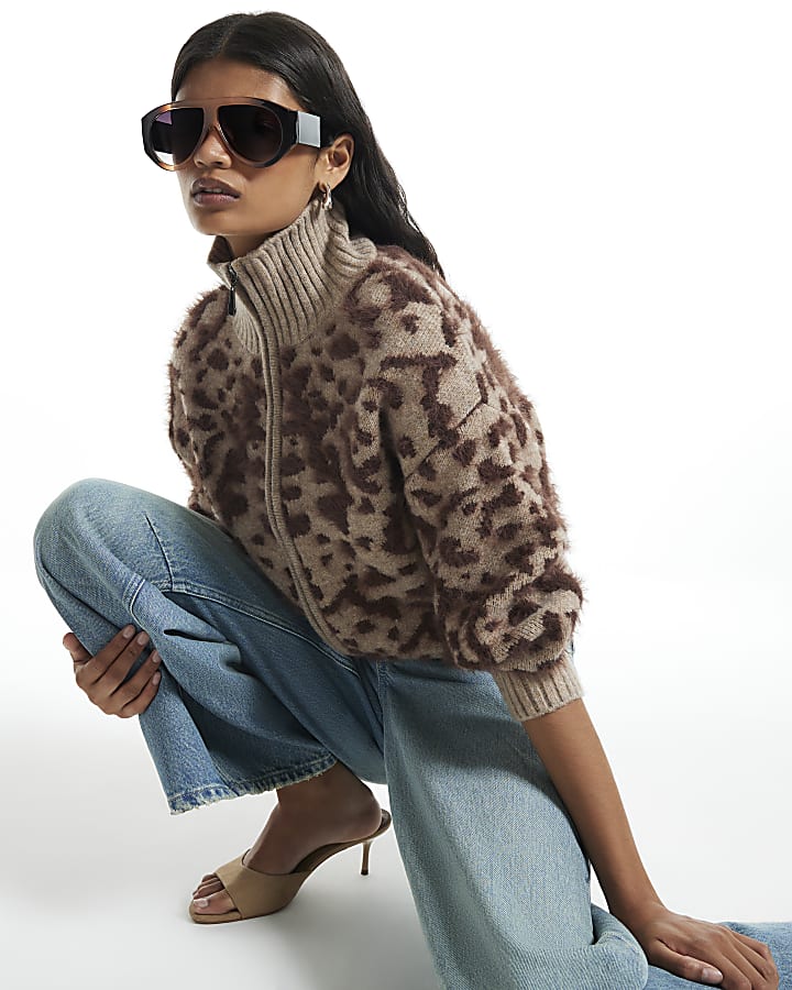 Beige Leopard Print Zip Through Cardigan