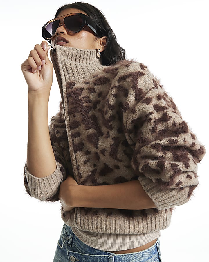 Beige Leopard Print Zip Through Cardigan