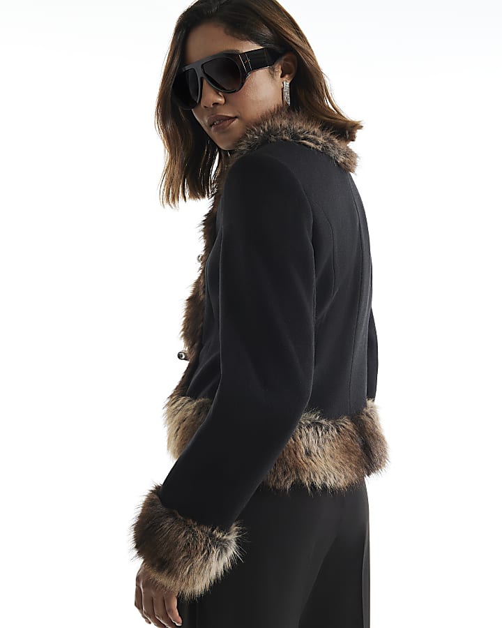 Black Faux Fur Trim Wrap Coat
