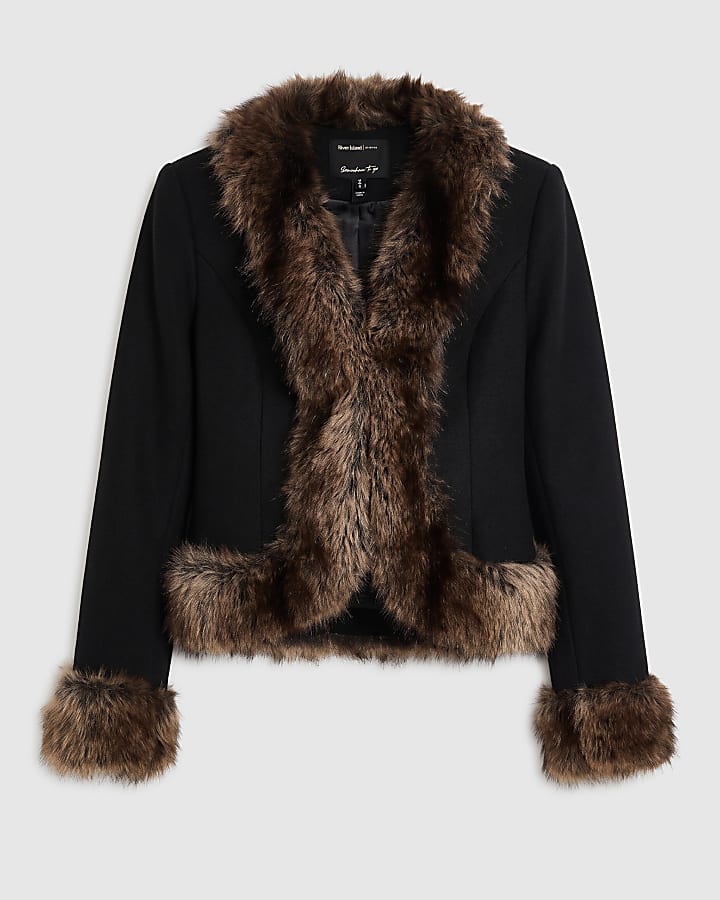 Black Faux Fur Trim Wrap Coat