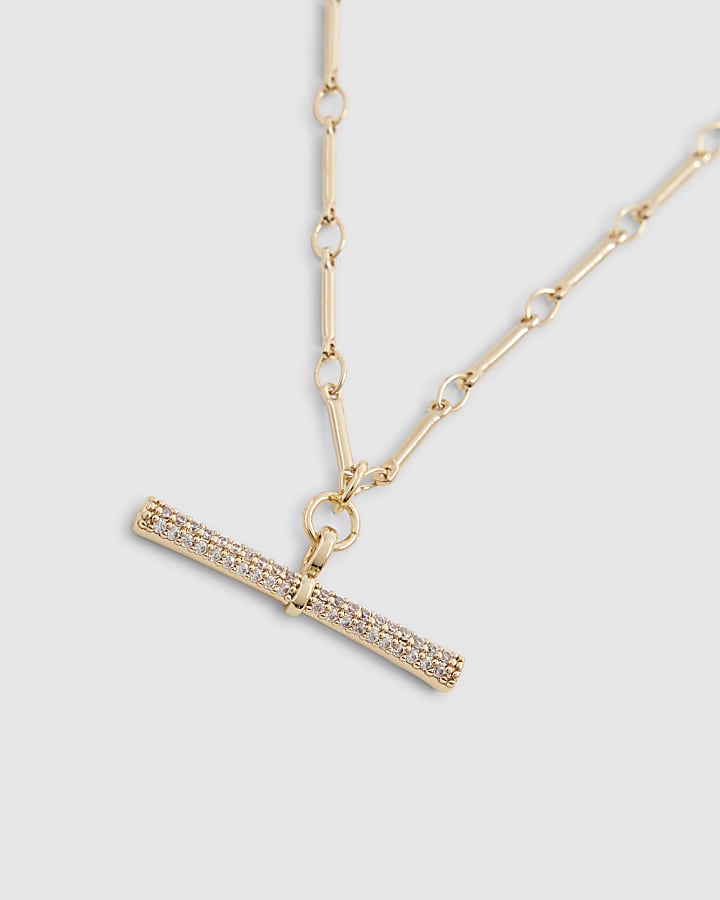 Gold Diamond Simulant T Bar Pendant Necklace