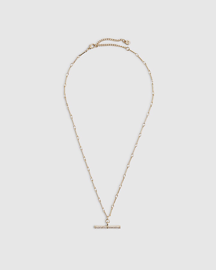 Gold Diamond Simulant T Bar Pendant Necklace