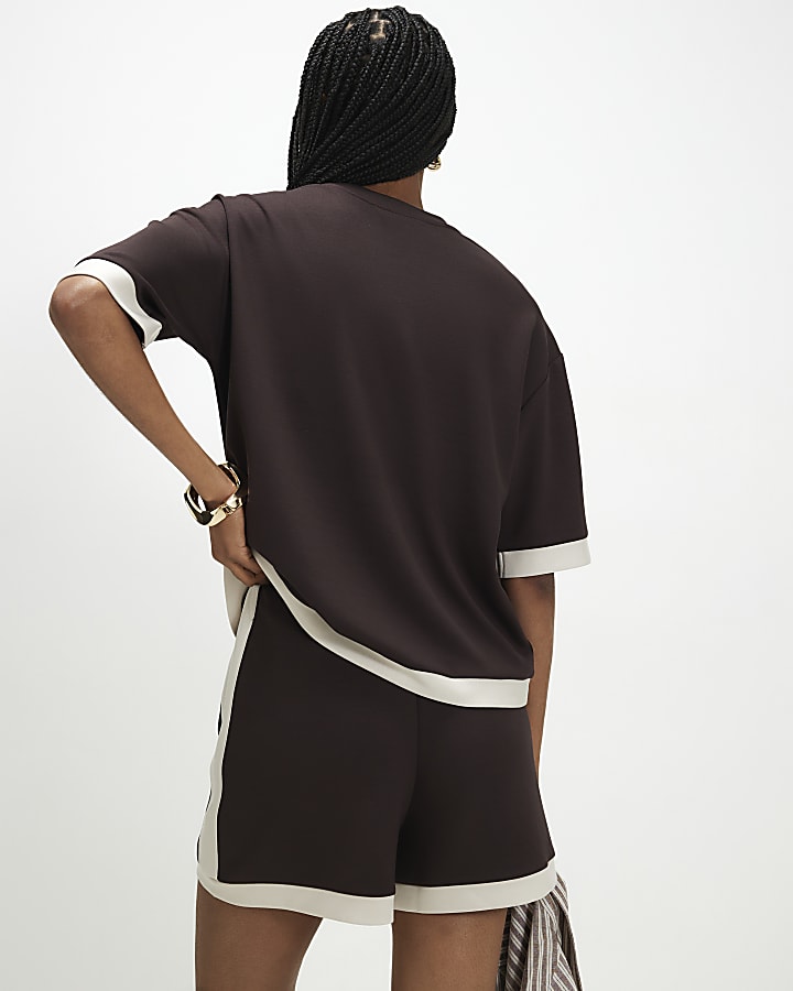 Brown Premium Pleat Front Colour Block Shorts