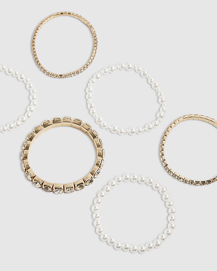 White Crystal And Pearl Stretch Bracelet Pack