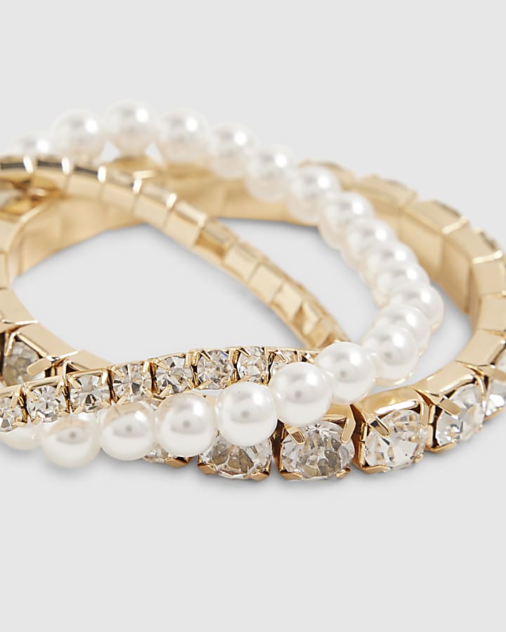 White Crystal And Pearl Stretch Bracelet Pack