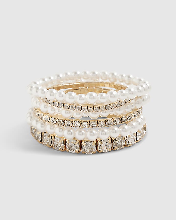 White Crystal And Pearl Stretch Bracelet Pack