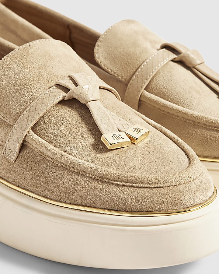 Beige Faux Suede Tassel Slip On Trainers