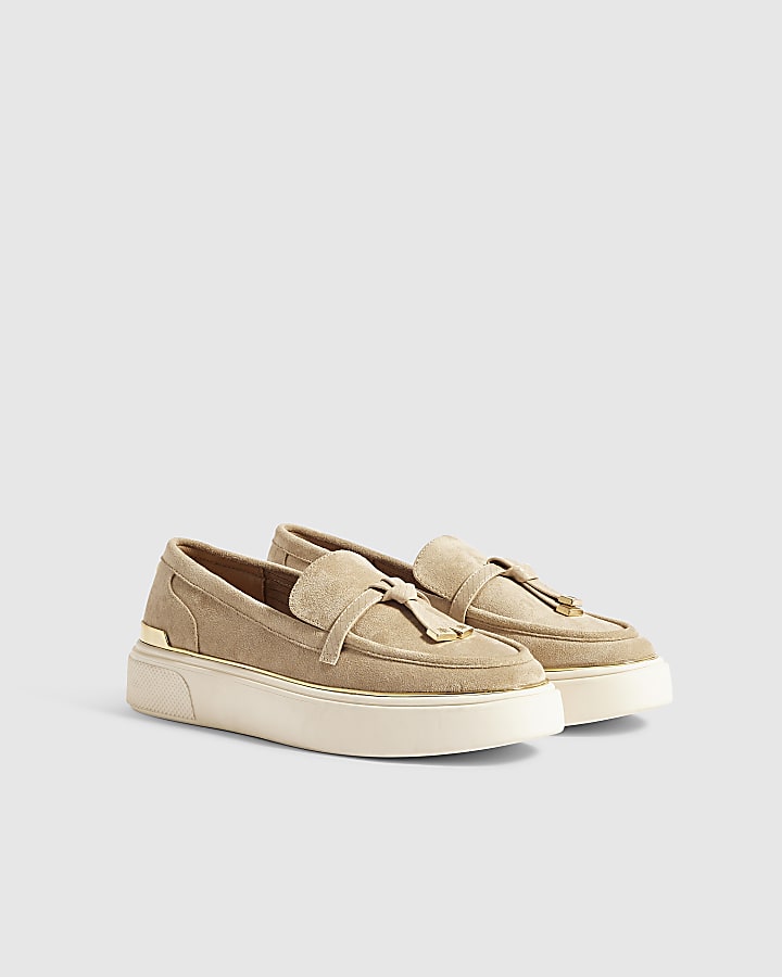 Beige Faux Suede Tassel Slip On Trainers